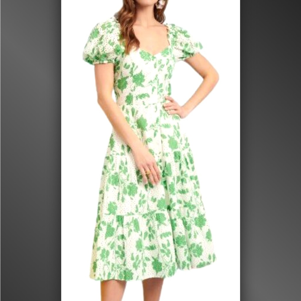 Rachel Parcell Stencil Floral Eyelet Puff Sleeve Midi Dress Foliage Green size M